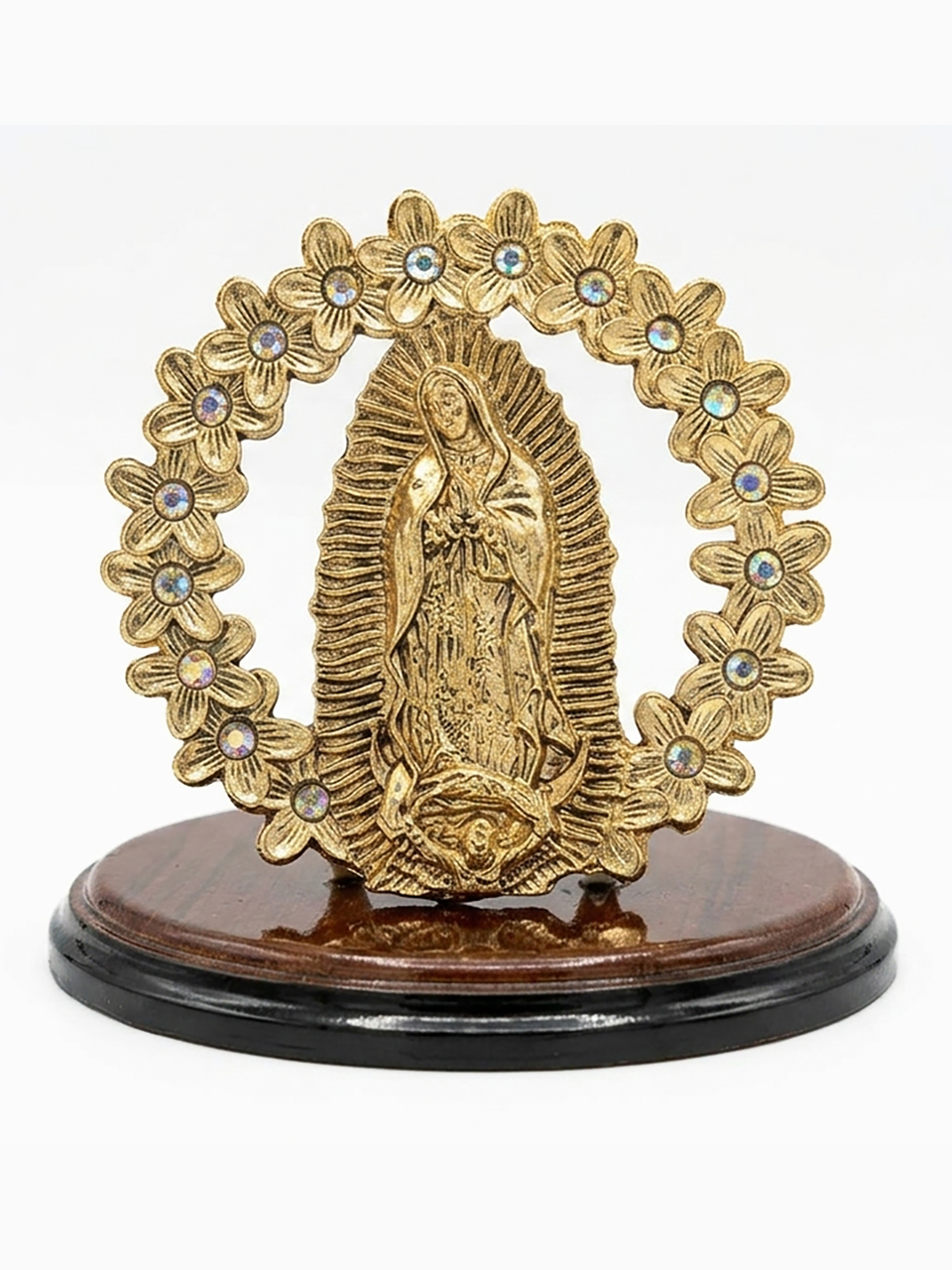 Virgen de Guadalupe con Aro Dorado con Base de Madera