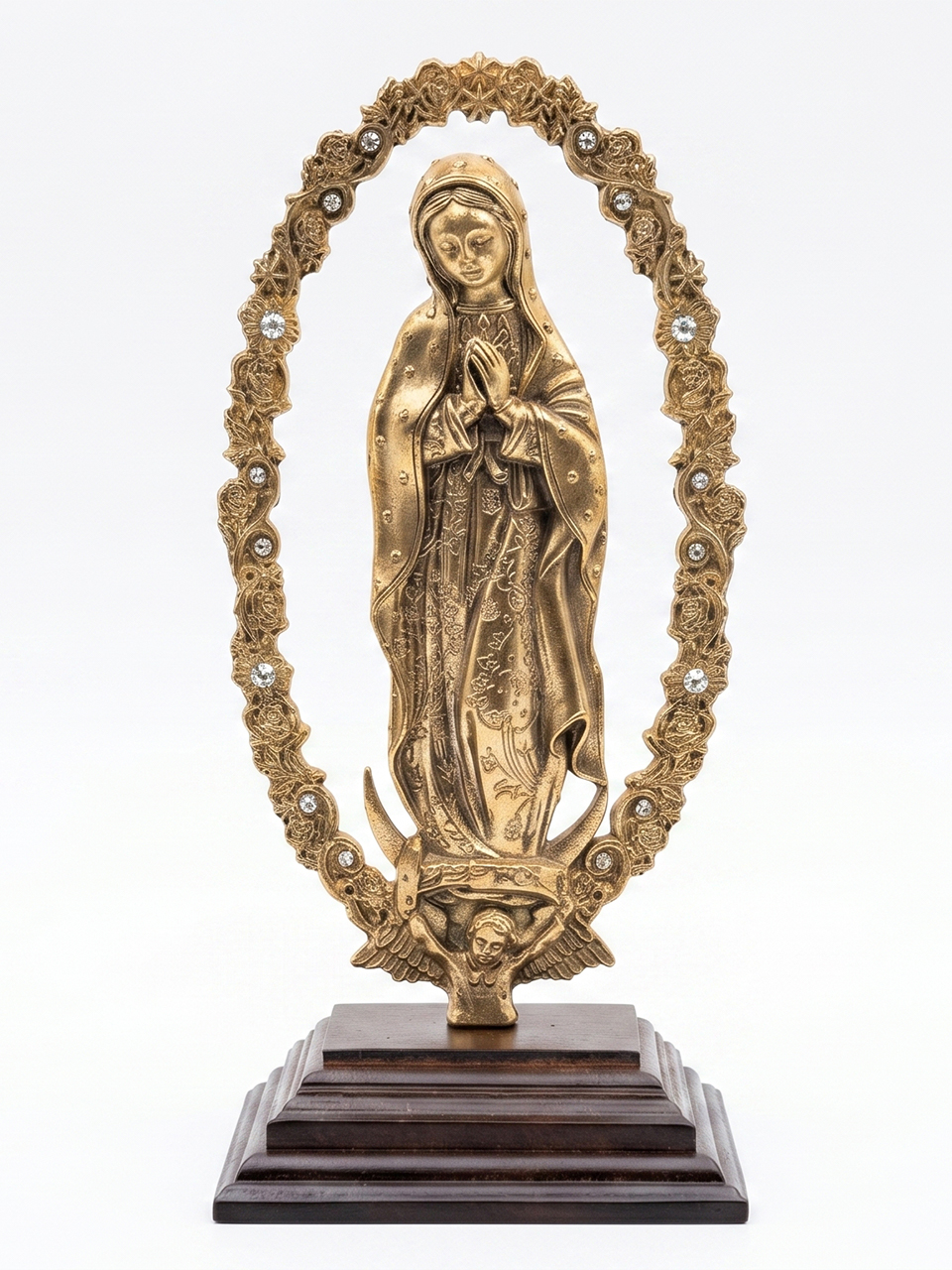 Virgen de Guadalupe Dorada con Base de Madera
