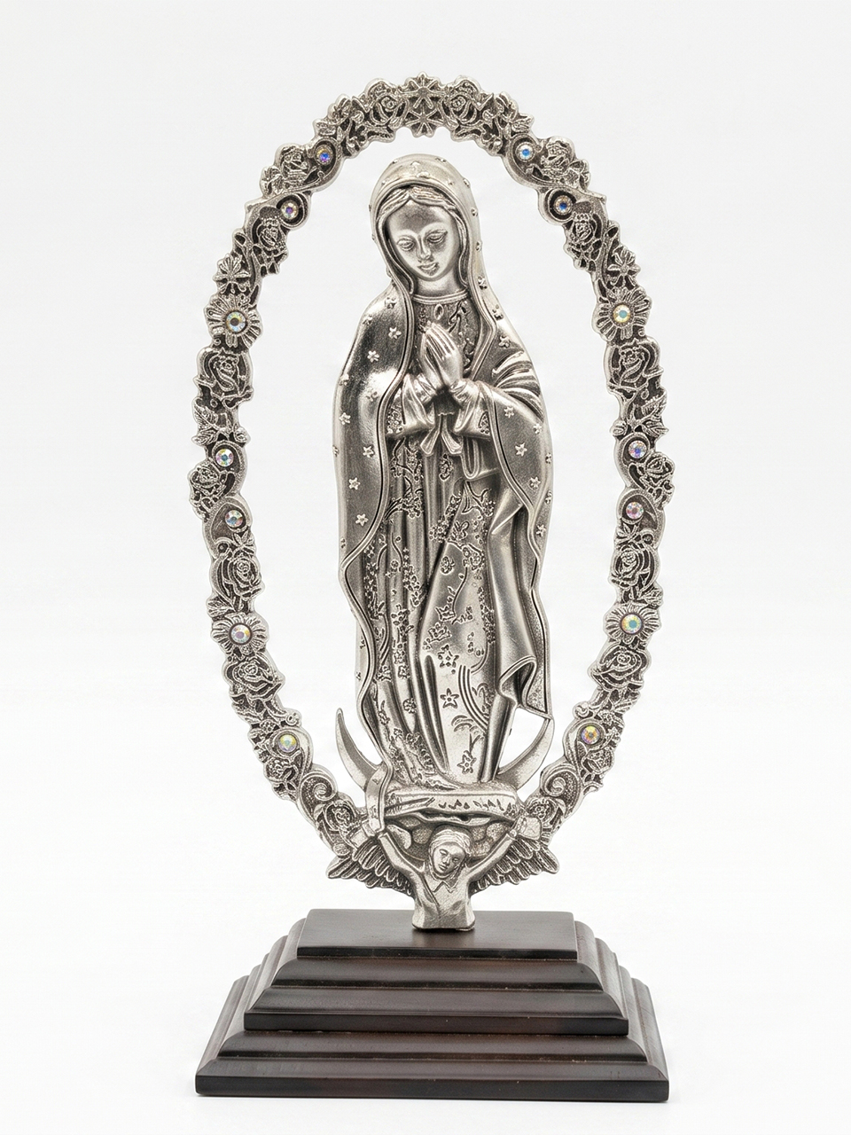 Virgen de Guadalupe Plateada con Base de Madera